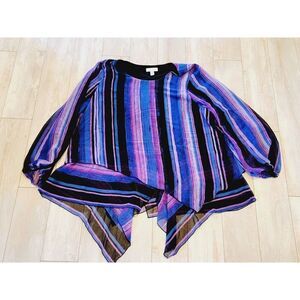 Susan‎ Graver L Chiffon Layered Top Purple Blue Stripe Angle Front L/S